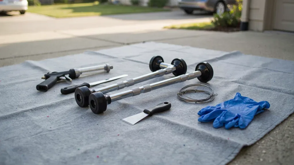 Auto glass services Leander TX - windshield installation tools laid out on a driveway before a mobile job