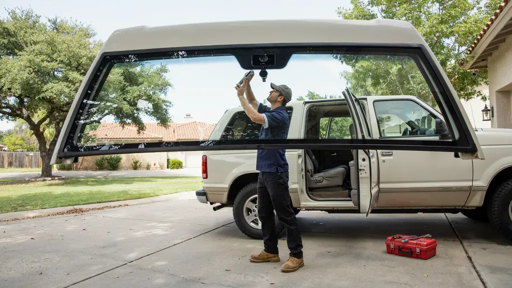 Chevrolet Tahoe windshield replacement Leander TX - technician checking the camera after glass replacement