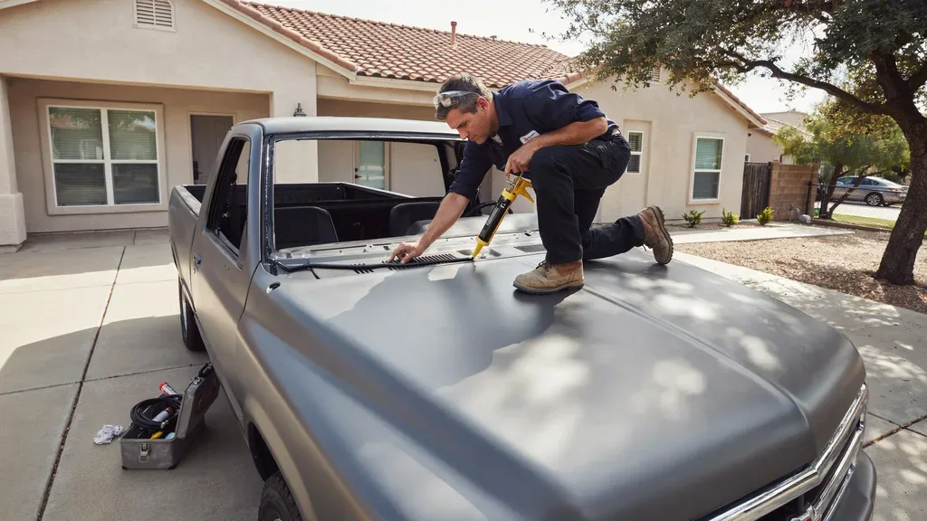 Chevy Silverado windshield replacement Leander TX - applying urethane adhesive to the windshield opening