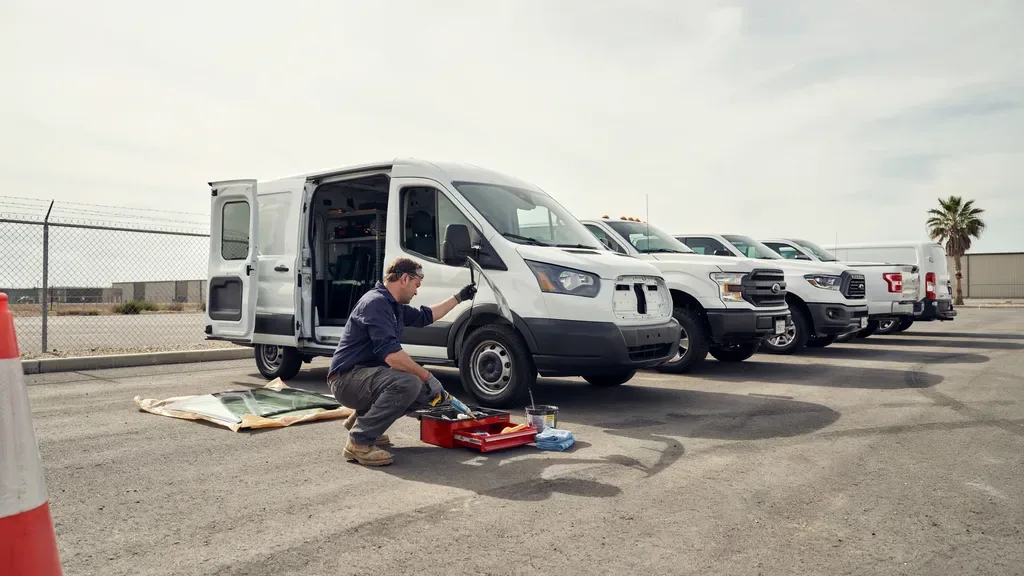 Fleet windshield replacement Leander TX - work vans lined up in a yard