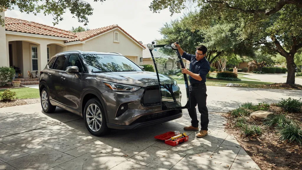Ford Explorer windshield replacement Leander TX - carrying the new glass with suction-cup handles