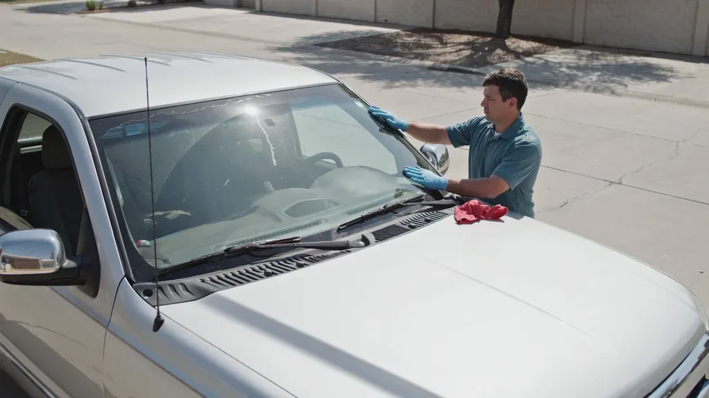 Ford F-150 windshield replacement Leander TX - technician wiping down newly installed glass