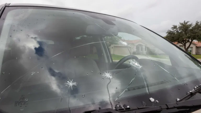 Hail damage guide Leander TX — cracked windshield with hail impact marks