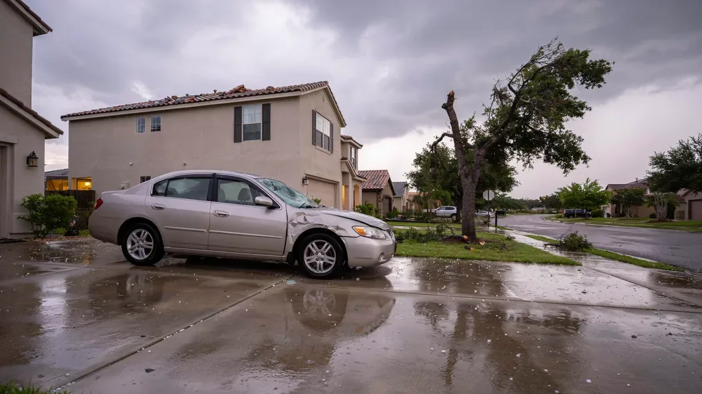 Hail damage windshield Leander TX - dented car and cracked glass after a storm