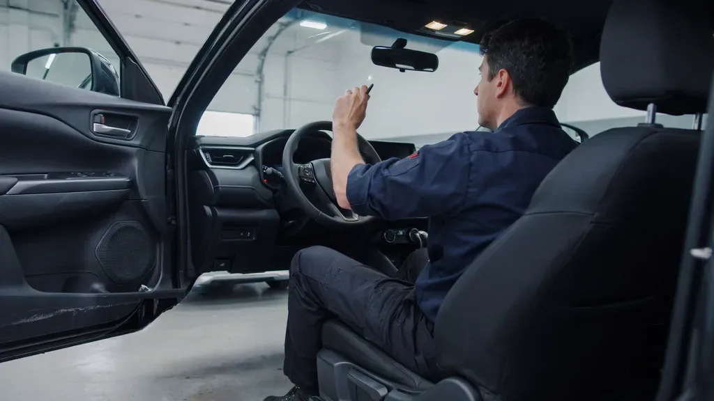 Honda CR-V windshield replacement Leander TX - inspecting a chip from inside the cabin