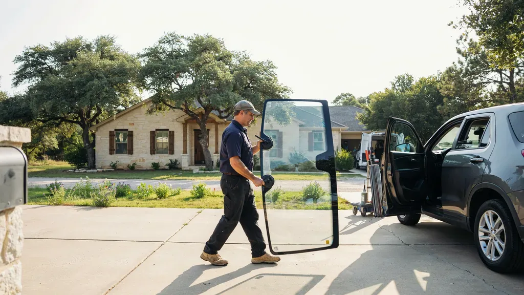 Mobile windshield service Leander TX - carrying new glass to a waiting SUV
