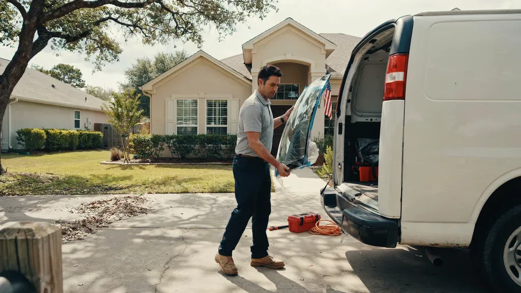 Local auto glass technician Leander TX unloading a windshield from an unmarked van