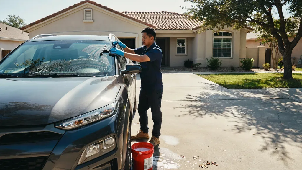 Subaru Forester windshield replacement Leander TX - cleaning the outside of the new windshield