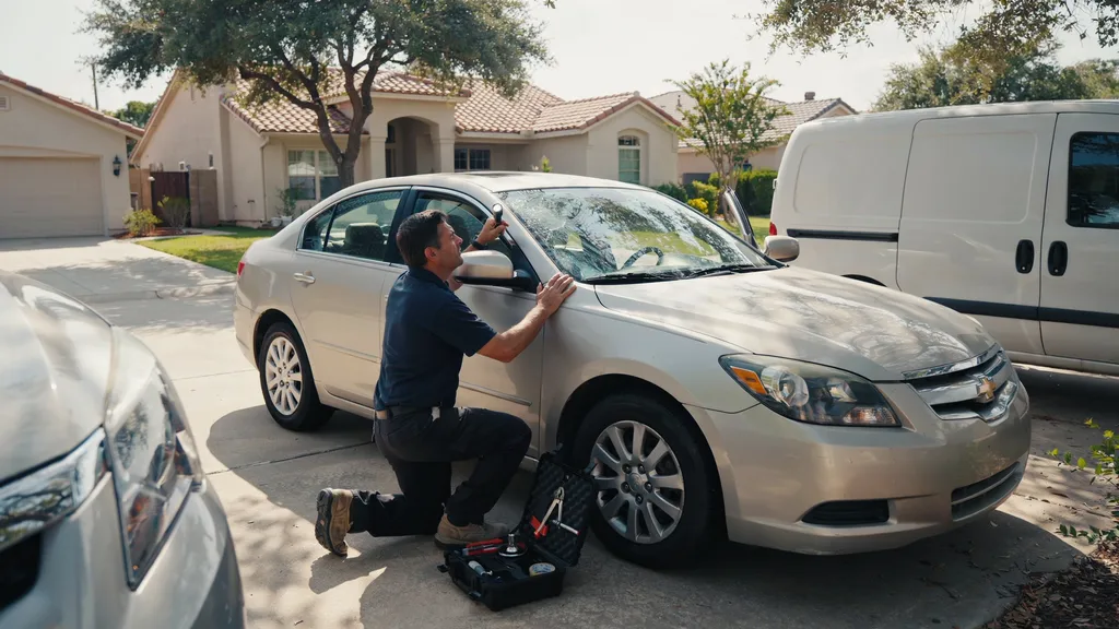 Hail damage guide Leander TX — mobile technician inspecting windshield damage