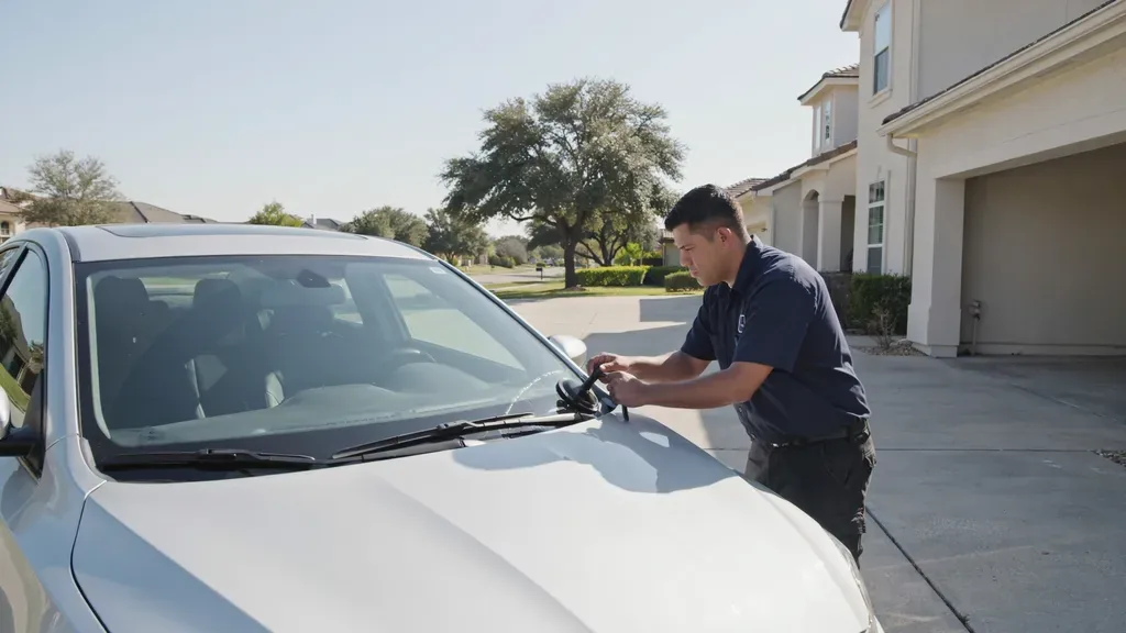 Toyota Camry windshield replacement Leander TX - holding the newly seated windshield
