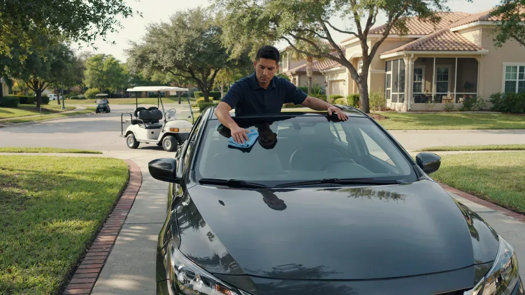 Windshield repair Georgetown TX - technician wiping the new windshield in a Sun City driveway