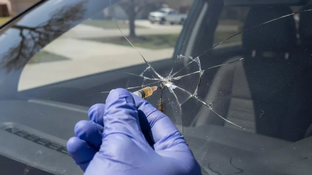 Windshield repair vs replacement cost Leander TX - resin syringe against a large crack