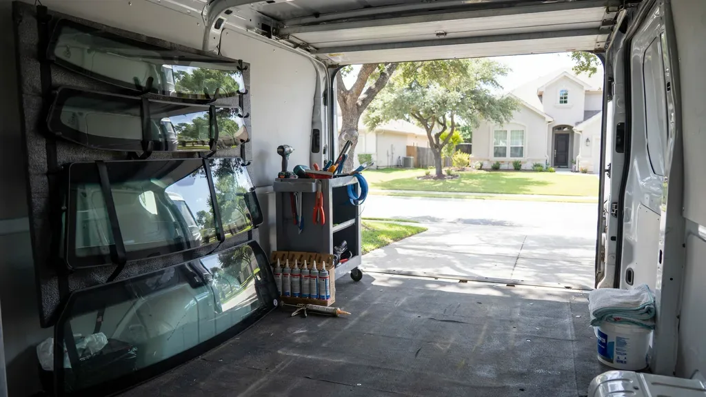 Windshield replacement cost Leander TX - glass rack holding windshields of different sizes