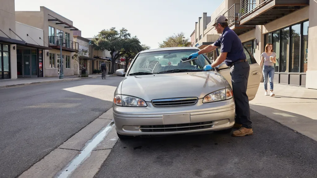 Windshield replacement Northline Leander TX - cleaning glass on a mixed-use district street