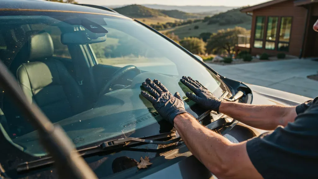Windshield replacement Travisso Leander - hands pressed against the front windshield, Hill Country view